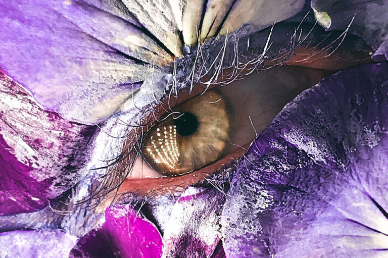 hazel eye with purple flower makeup and white mascara